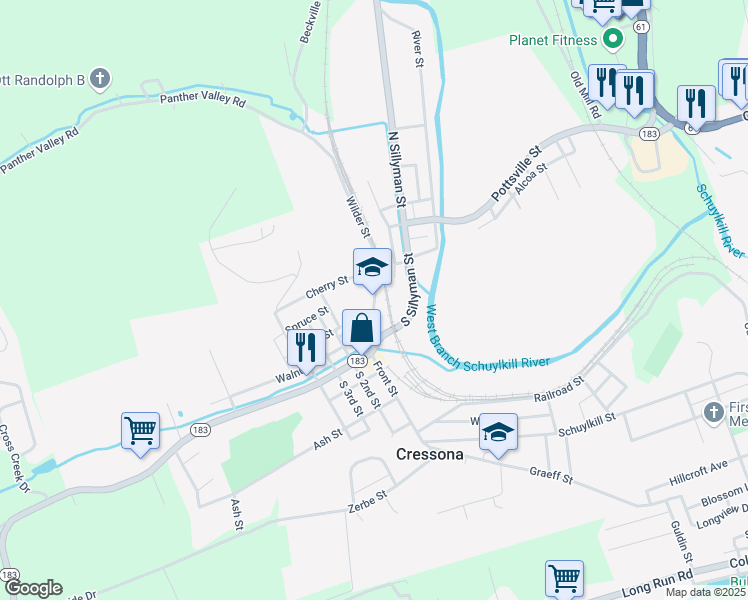 map of restaurants, bars, coffee shops, grocery stores, and more near 45 Wilder Street in Cressona