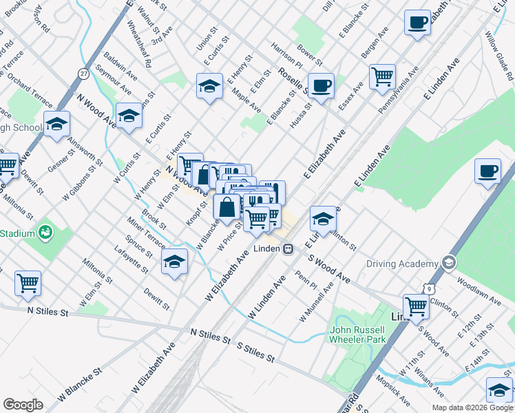 map of restaurants, bars, coffee shops, grocery stores, and more near 55 East Price Street in Linden