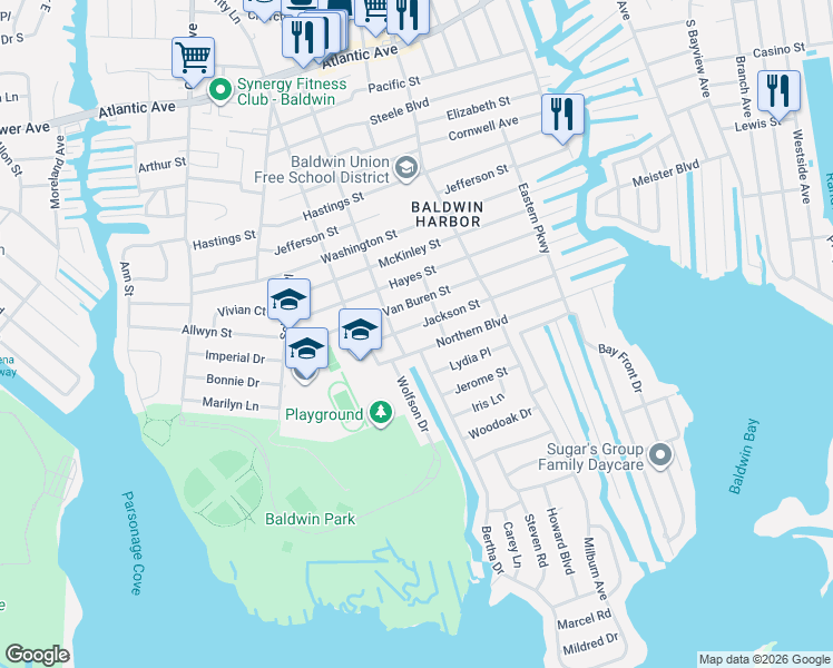 map of restaurants, bars, coffee shops, grocery stores, and more near 3210 Byrd Place in Baldwin