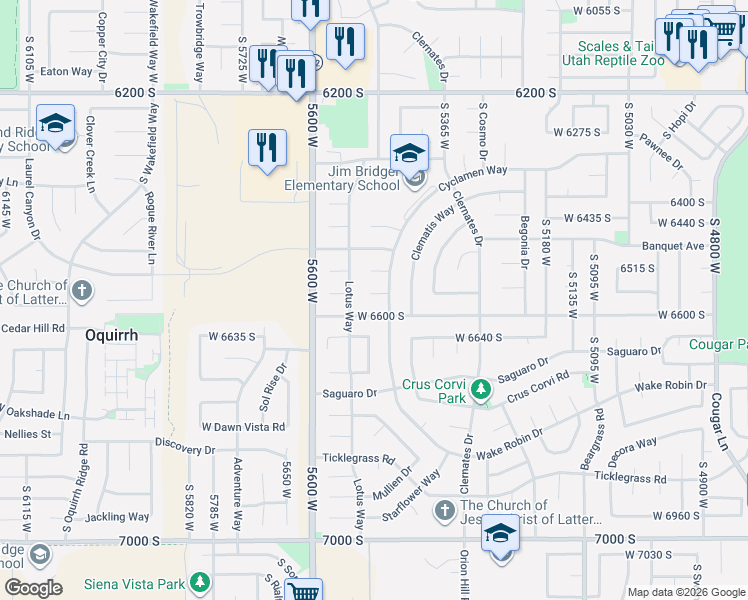 map of restaurants, bars, coffee shops, grocery stores, and more near 5489 West Cyclamen Cove in West Jordan