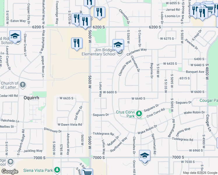 map of restaurants, bars, coffee shops, grocery stores, and more near 5481 West Cyclamen Cove in West Jordan