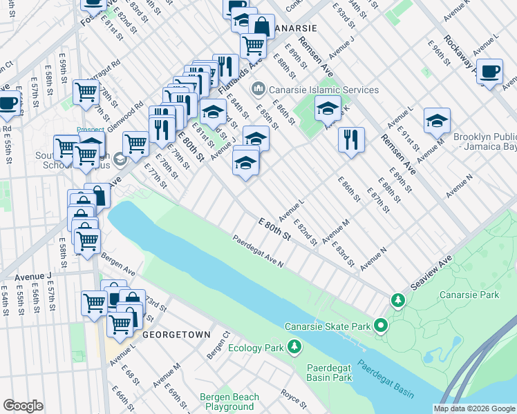 map of restaurants, bars, coffee shops, grocery stores, and more near 1139 East 81st Street in Brooklyn