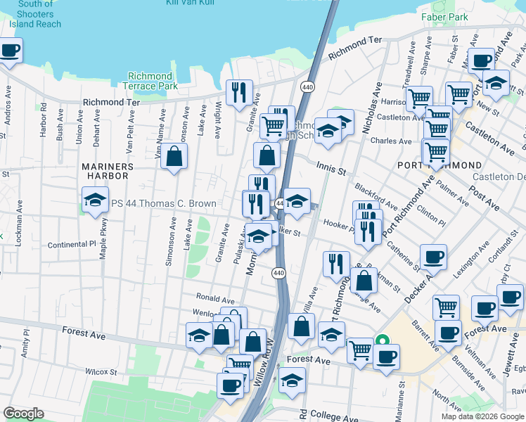 map of restaurants, bars, coffee shops, grocery stores, and more near 236 Morningstar Road in Staten Island