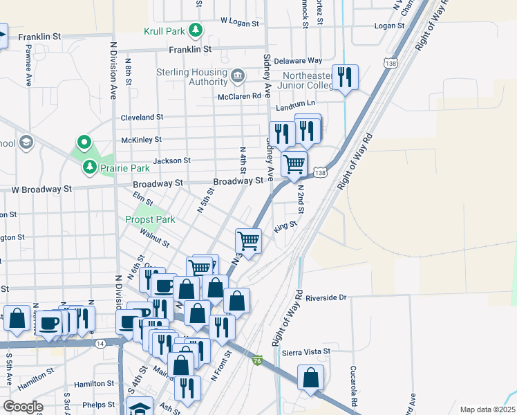 map of restaurants, bars, coffee shops, grocery stores, and more near 731 North 3rd Street in Sterling