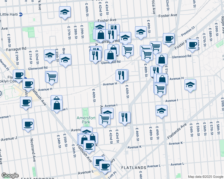 map of restaurants, bars, coffee shops, grocery stores, and more near 937 East 43rd Street in Brooklyn