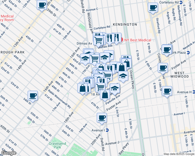 map of restaurants, bars, coffee shops, grocery stores, and more near 905 McDonald Avenue in Brooklyn