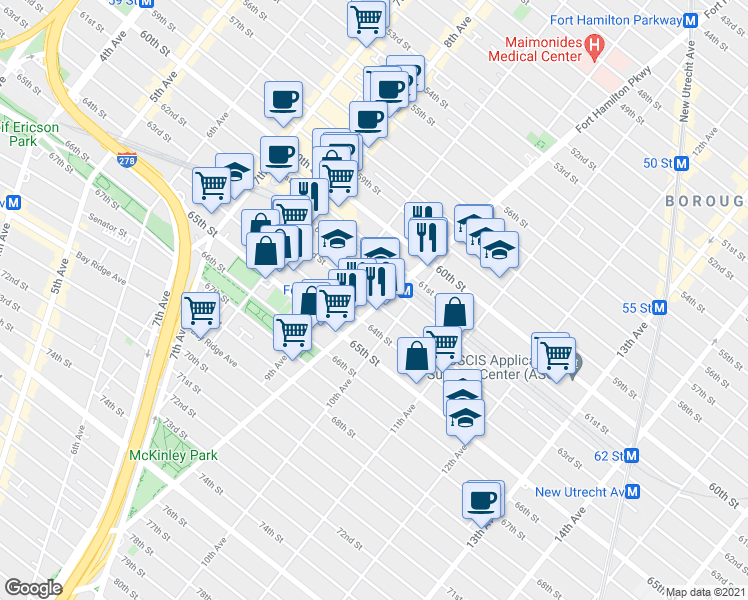 map of restaurants, bars, coffee shops, grocery stores, and more near 924 63rd Street in Brooklyn