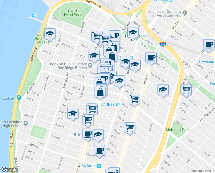 map of restaurants, bars, coffee shops, grocery stores, and more near 326 74th Street in Brooklyn