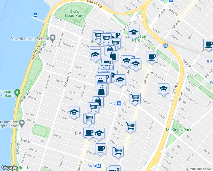 map of restaurants, bars, coffee shops, grocery stores, and more near 7424 3rd Avenue in Brooklyn