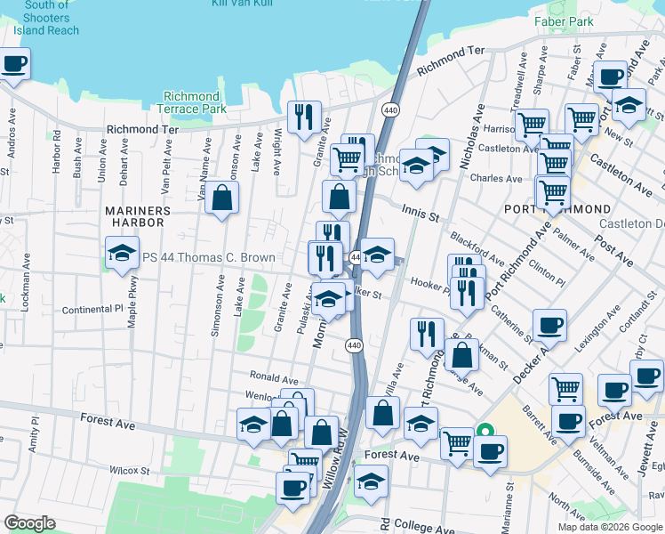 map of restaurants, bars, coffee shops, grocery stores, and more near 236 Morningstar Road in Staten Island