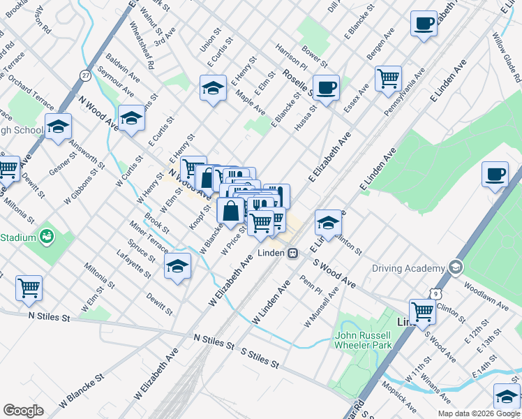 map of restaurants, bars, coffee shops, grocery stores, and more near 55 East Price Street in Linden