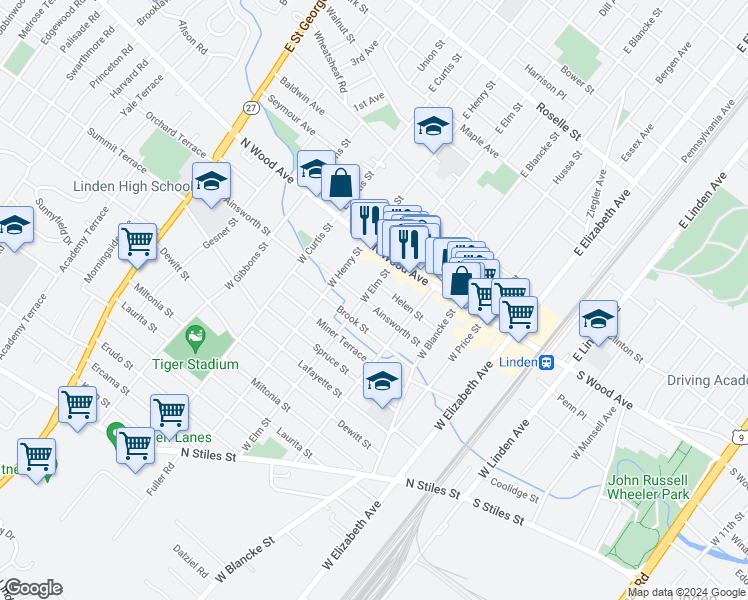 map of restaurants, bars, coffee shops, grocery stores, and more near 505 Ainsworth Street in Linden