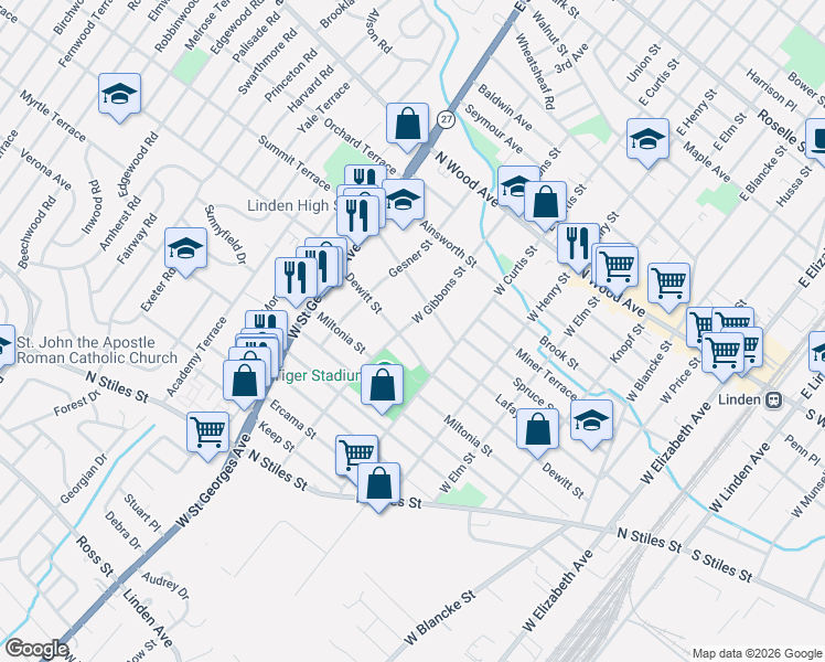map of restaurants, bars, coffee shops, grocery stores, and more near 221 West Gibbons Street in Linden