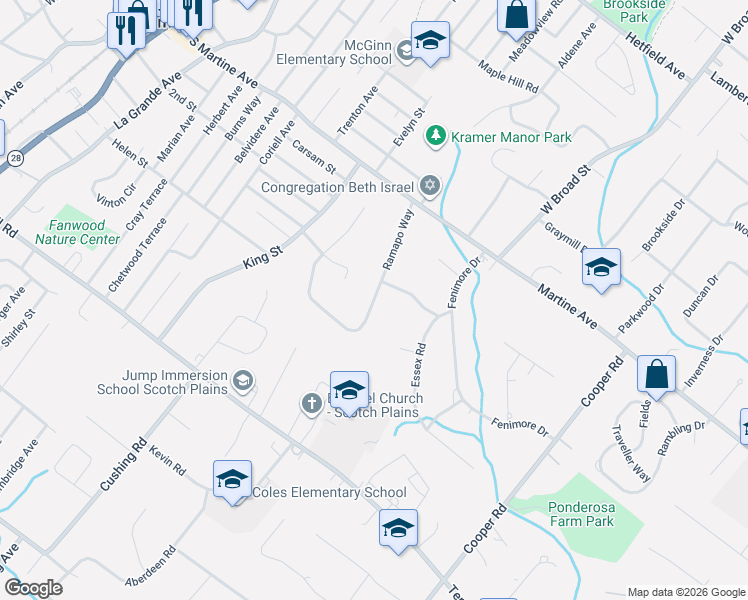map of restaurants, bars, coffee shops, grocery stores, and more near 1672 Ramapo Way in Scotch Plains