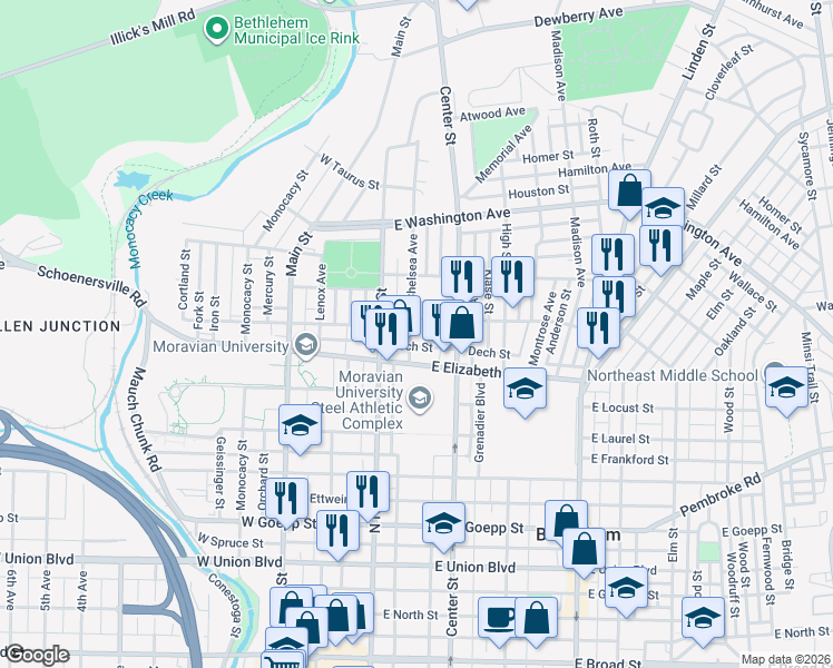 map of restaurants, bars, coffee shops, grocery stores, and more near 1342 Chelsea Avenue in Bethlehem