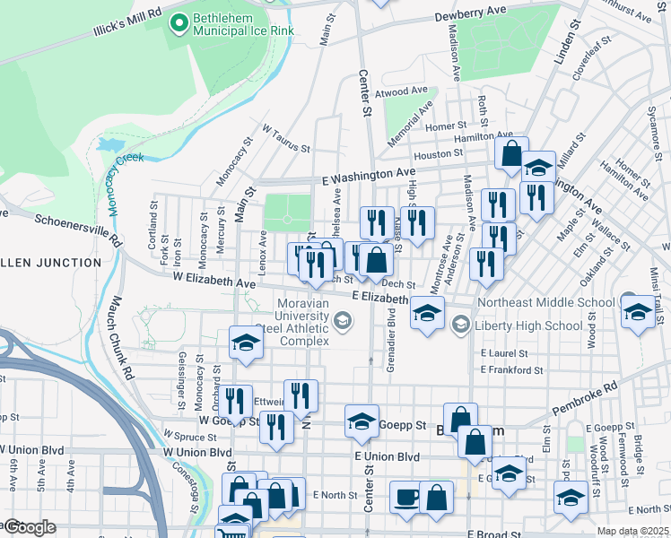 map of restaurants, bars, coffee shops, grocery stores, and more near 1342 Chelsea Avenue in Bethlehem