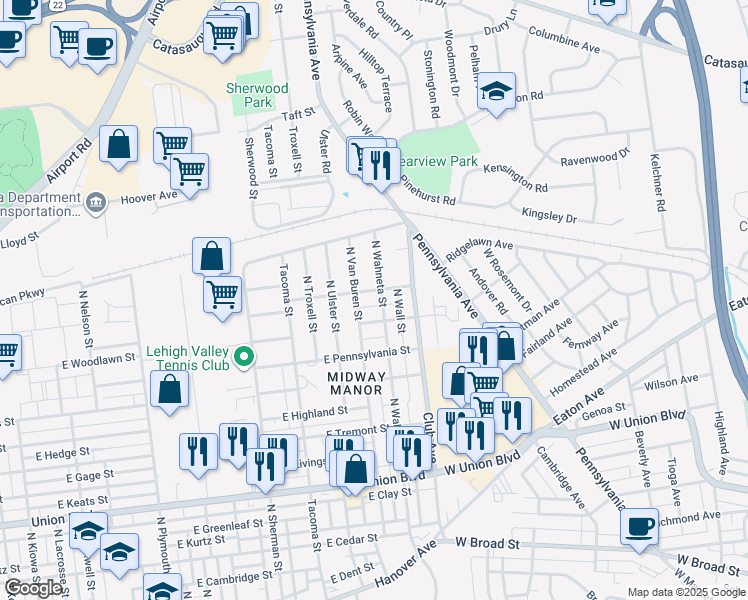 map of restaurants, bars, coffee shops, grocery stores, and more near 2304 East Fairmont Street in Allentown