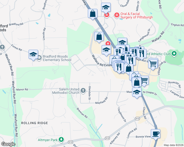 map of restaurants, bars, coffee shops, grocery stores, and more near 3000 Conifer Court in Wexford