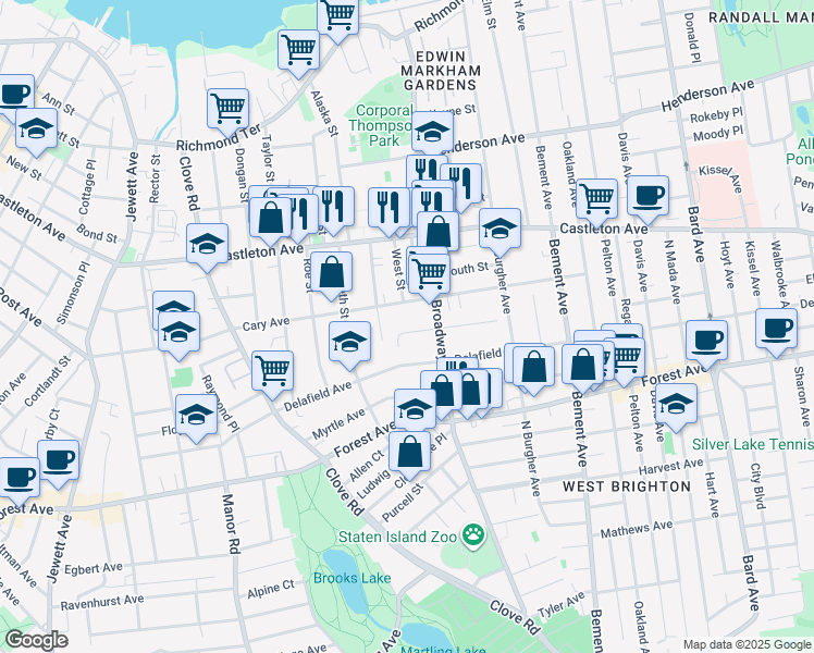 map of restaurants, bars, coffee shops, grocery stores, and more near 115 Seneca Street in Staten Island