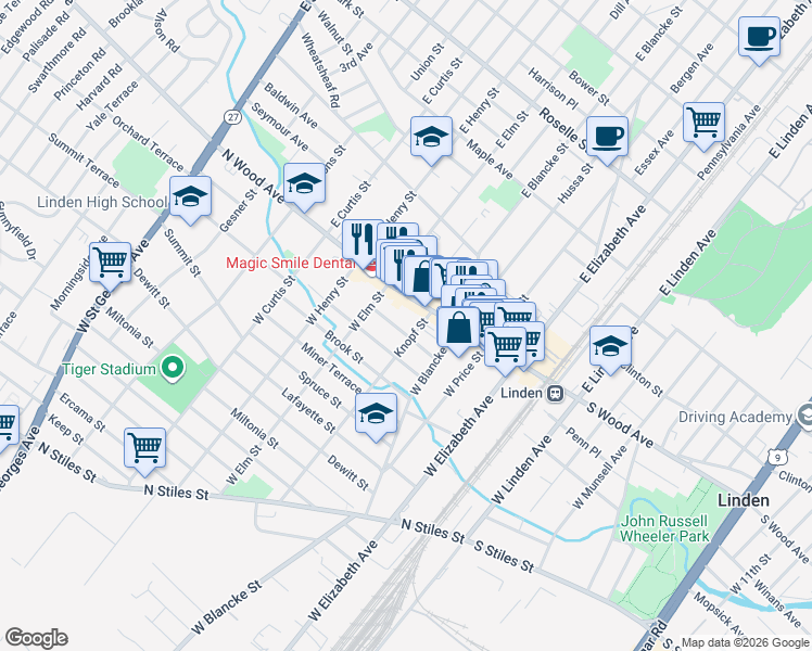 map of restaurants, bars, coffee shops, grocery stores, and more near 432 Helen Street in Linden