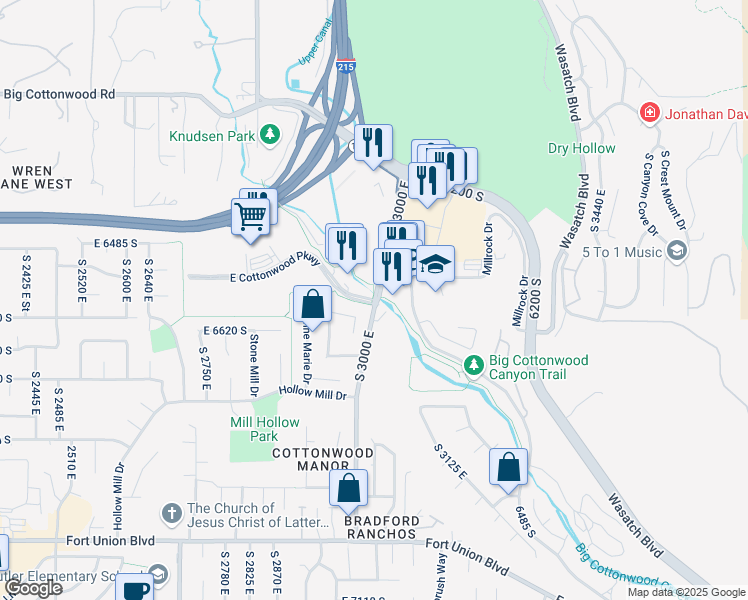 map of restaurants, bars, coffee shops, grocery stores, and more near 2238 Cottonwood Parkway in Cottonwood Heights