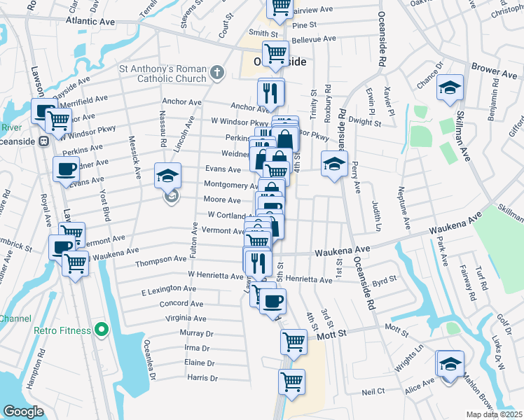 map of restaurants, bars, coffee shops, grocery stores, and more near 3256 Long Beach Road in Oceanside