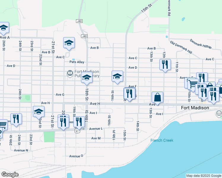 map of restaurants, bars, coffee shops, grocery stores, and more near 1602 Avenue F in Fort Madison