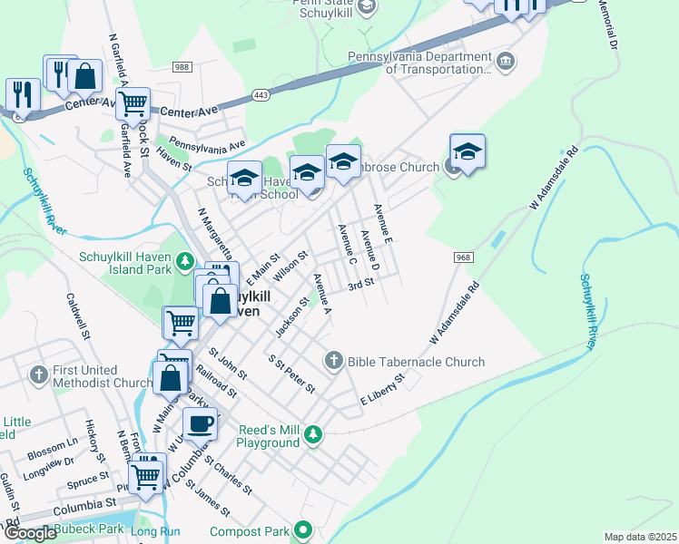 map of restaurants, bars, coffee shops, grocery stores, and more near 113 Avenue B in Schuylkill Haven
