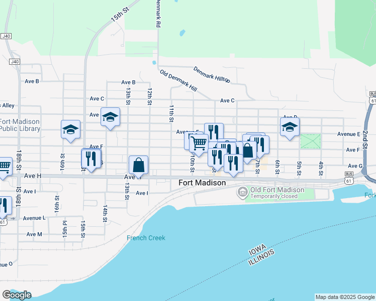 map of restaurants, bars, coffee shops, grocery stores, and more near 1008 Avenue F in Fort Madison