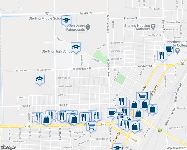 map of restaurants, bars, coffee shops, grocery stores, and more near 614 North 3rd Avenue in Sterling