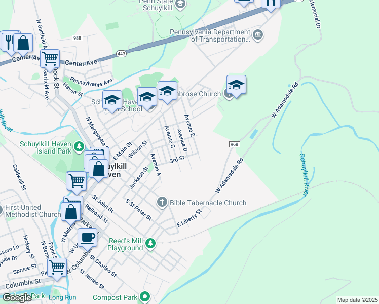map of restaurants, bars, coffee shops, grocery stores, and more near 123 Avenue D in Schuylkill Haven