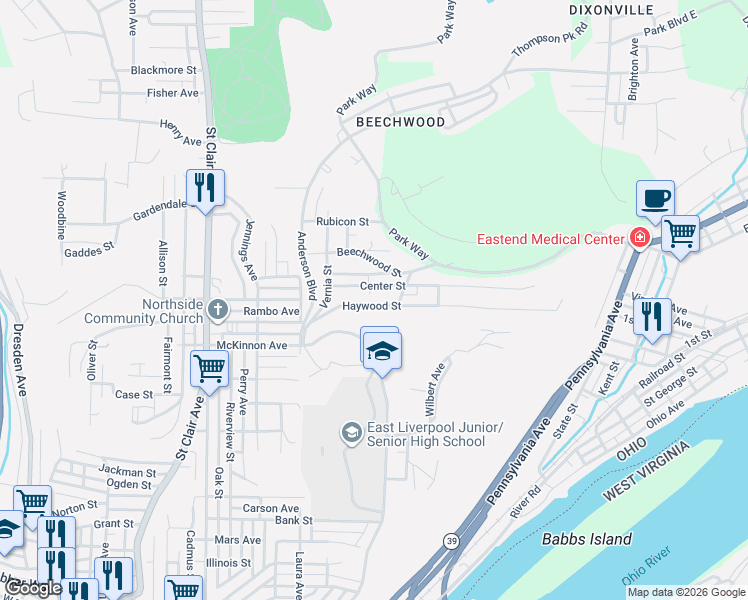 map of restaurants, bars, coffee shops, grocery stores, and more near 152 Center Street in East Liverpool