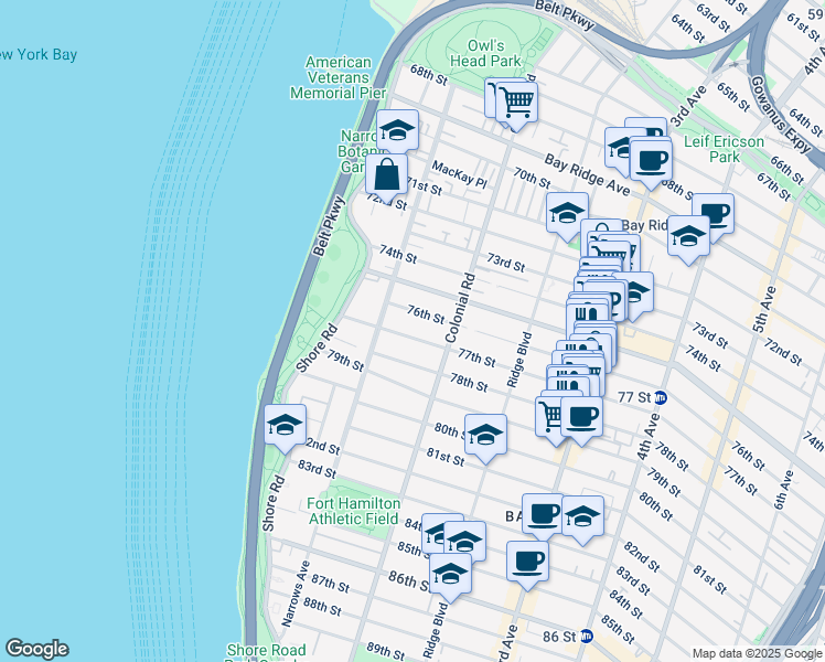 map of restaurants, bars, coffee shops, grocery stores, and more near 65 77th Street in Brooklyn