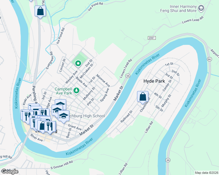 map of restaurants, bars, coffee shops, grocery stores, and more near 630 Pitt Street in Leechburg