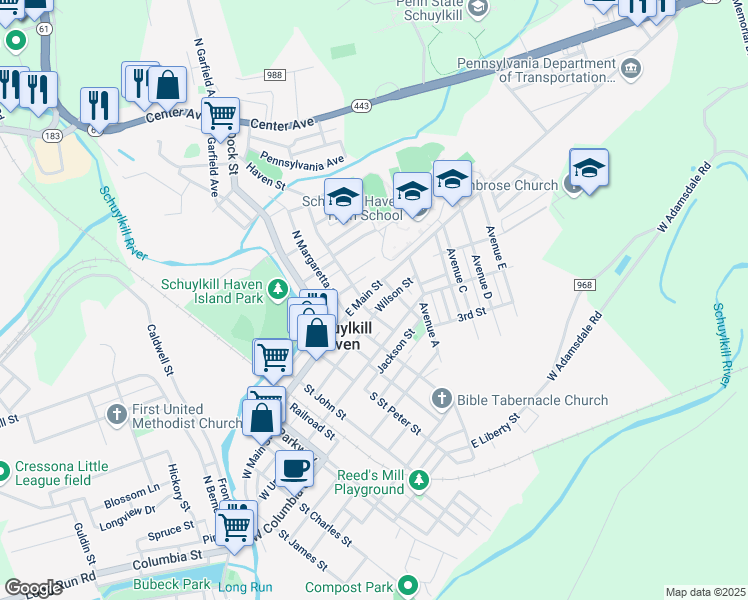 map of restaurants, bars, coffee shops, grocery stores, and more near 412 East Main Street in Schuylkill Haven