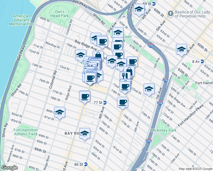 map of restaurants, bars, coffee shops, grocery stores, and more near 375 74th Street in Brooklyn