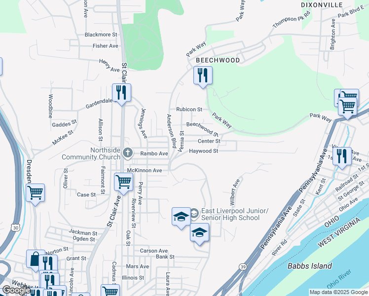 map of restaurants, bars, coffee shops, grocery stores, and more near 102 Center Street in East Liverpool