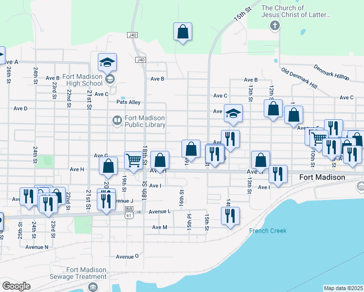 map of restaurants, bars, coffee shops, grocery stores, and more near 1602 Avenue F in Fort Madison