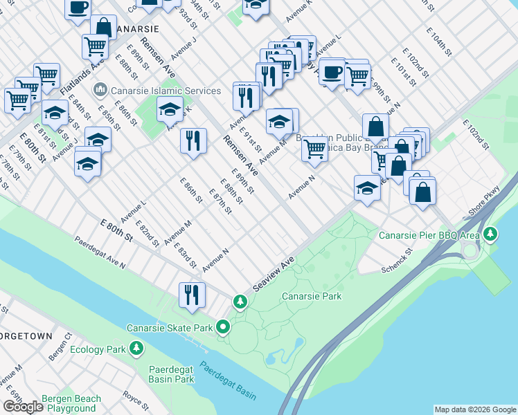 map of restaurants, bars, coffee shops, grocery stores, and more near 1345 East 88th Street in Brooklyn