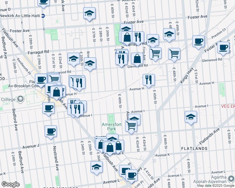map of restaurants, bars, coffee shops, grocery stores, and more near 960 East 40th Street in Brooklyn