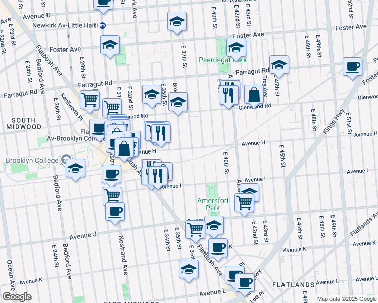 map of restaurants, bars, coffee shops, grocery stores, and more near 3620 Avenue H in Brooklyn