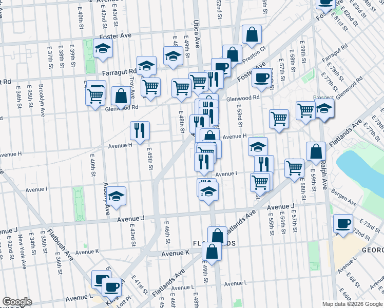 map of restaurants, bars, coffee shops, grocery stores, and more near 1195 East 49th Street in Brooklyn