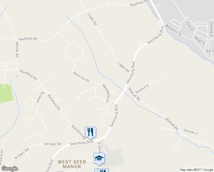 map of restaurants, bars, coffee shops, grocery stores, and more near 1416 Sandstone Drive in Tarentum