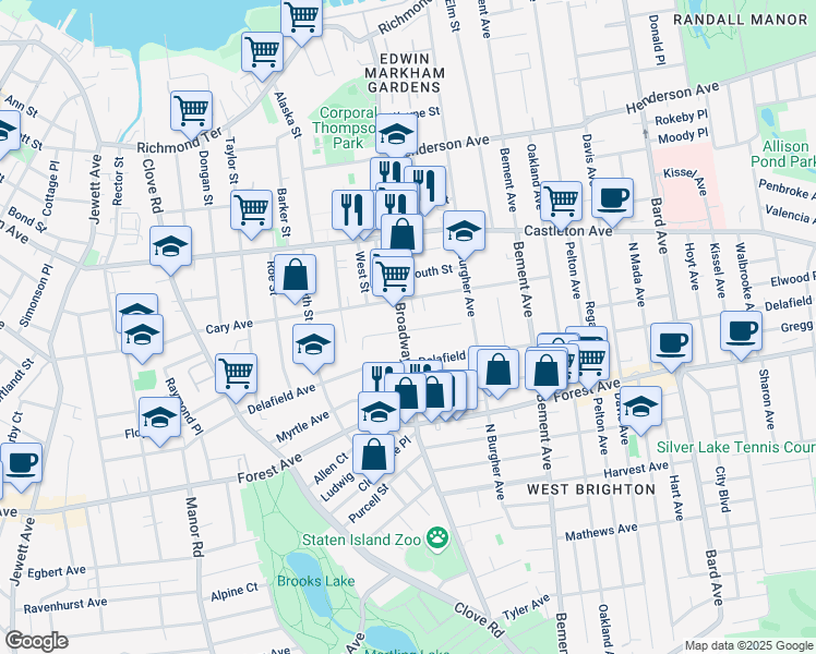 map of restaurants, bars, coffee shops, grocery stores, and more near 67 Seneca Street in Staten Island