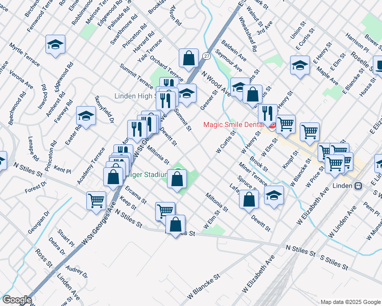 map of restaurants, bars, coffee shops, grocery stores, and more near 221 West Gibbons Street in Linden