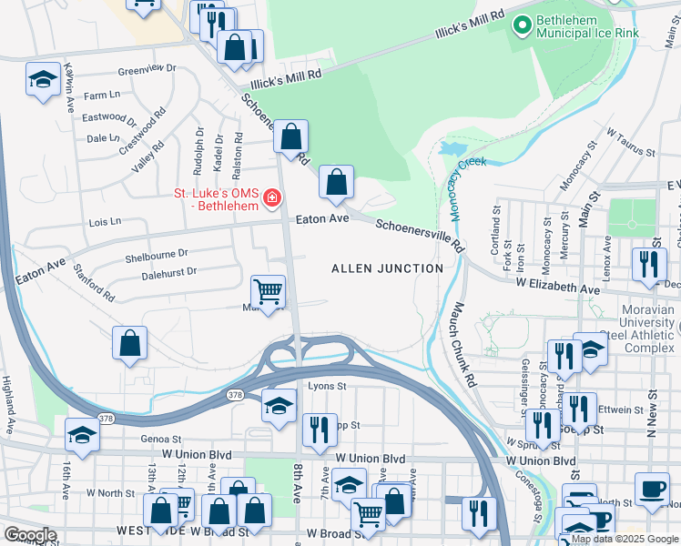 map of restaurants, bars, coffee shops, grocery stores, and more near in Bethlehem