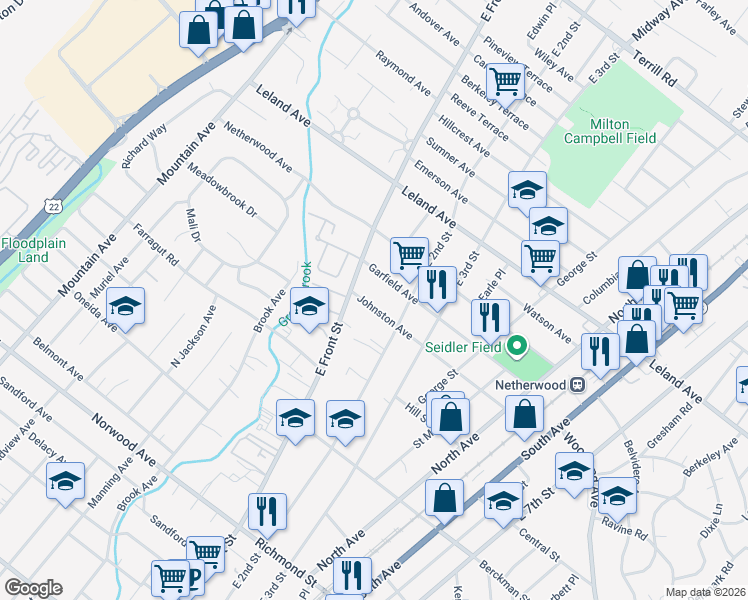 map of restaurants, bars, coffee shops, grocery stores, and more near 115 Johnston Avenue in Plainfield