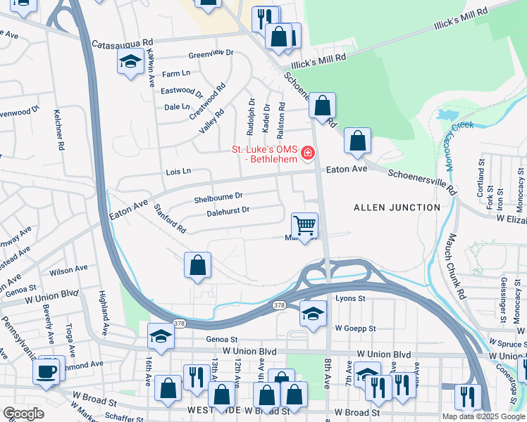 map of restaurants, bars, coffee shops, grocery stores, and more near 1229 Dalehurst Drive in Bethlehem