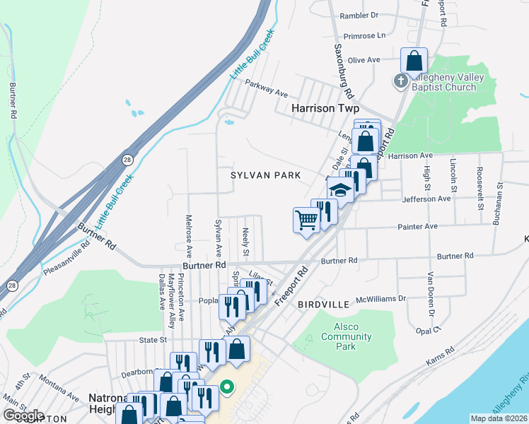 map of restaurants, bars, coffee shops, grocery stores, and more near 1000 Ivanhoe Street in Natrona Heights