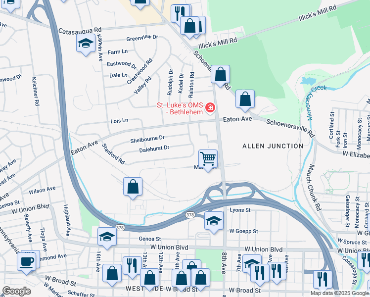 map of restaurants, bars, coffee shops, grocery stores, and more near 1229 Dalehurst Drive in Bethlehem
